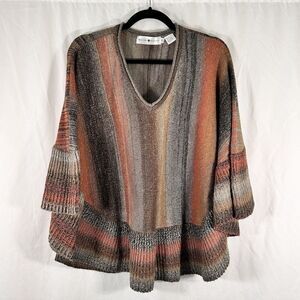 Rancho Estancia Poncho Blouse Women's Small XS Brown Silver Metallic Vneck